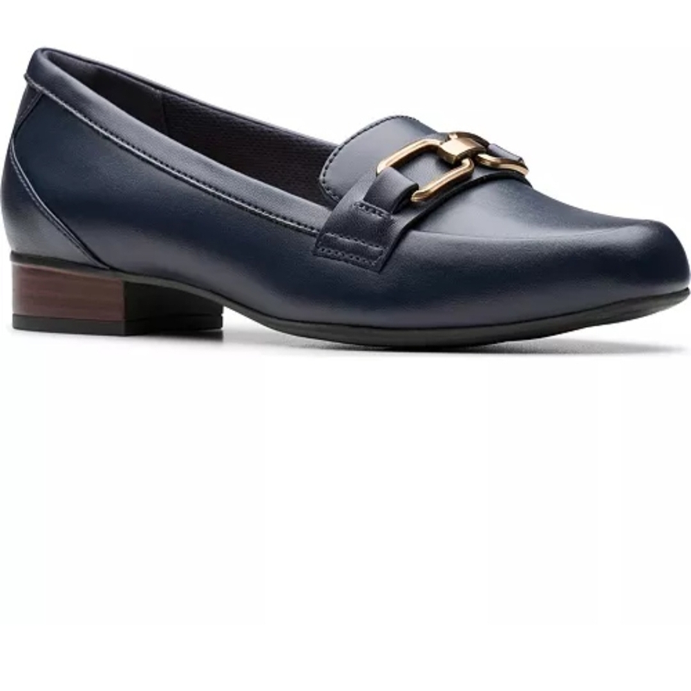 Clarks Genuine Leather Navy Loafers with Gold Accent